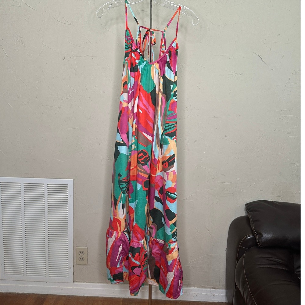 Gap Womens Abstract Floral Cotton Maxi Dress Multi-Color Tiered Ruffle Hem Small